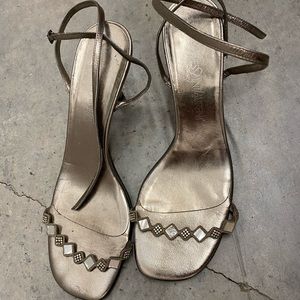 Yves st Laurent strappy metallic leather heels with mirrors and rhinestones 8.5